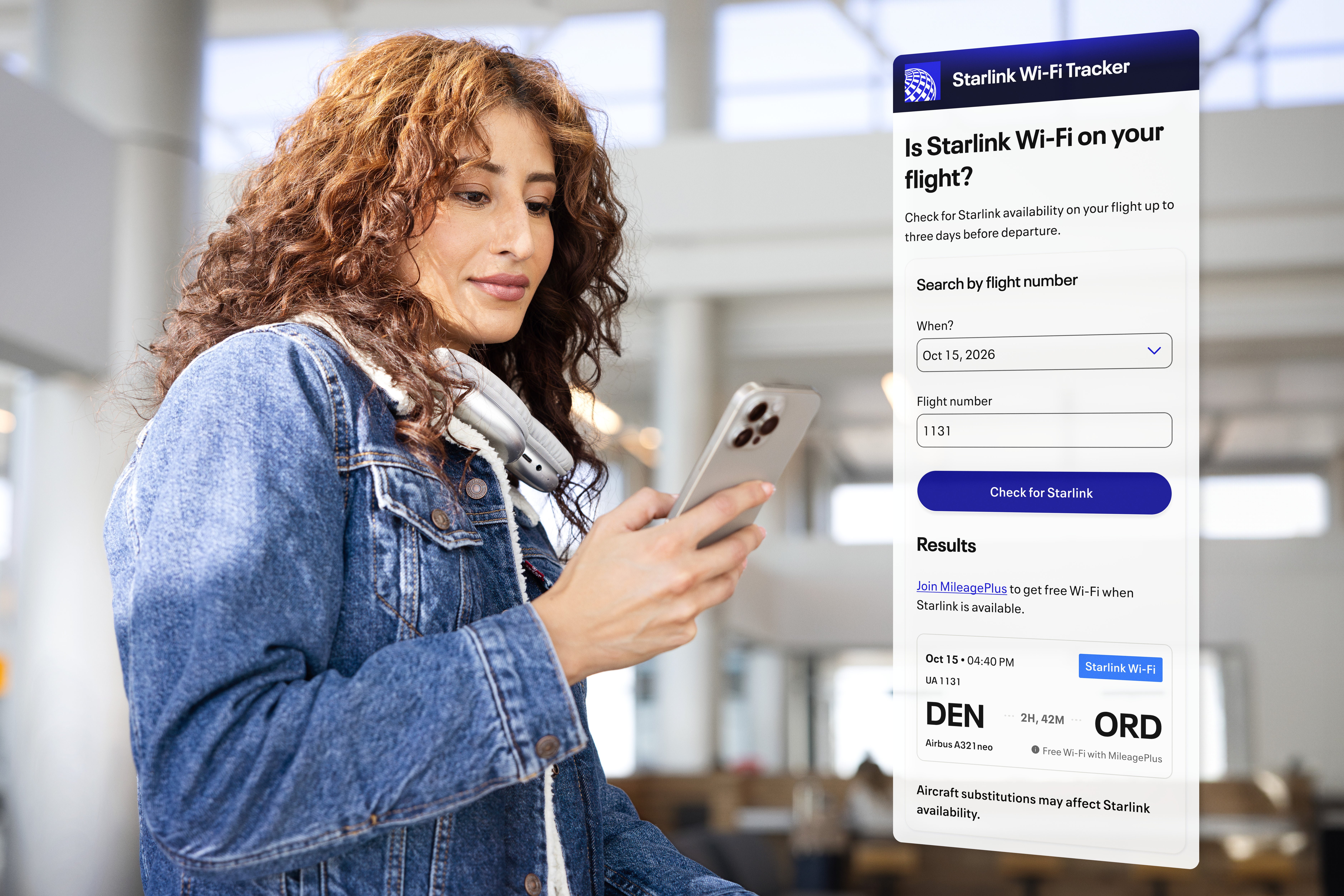 Traveler using a phone next to United