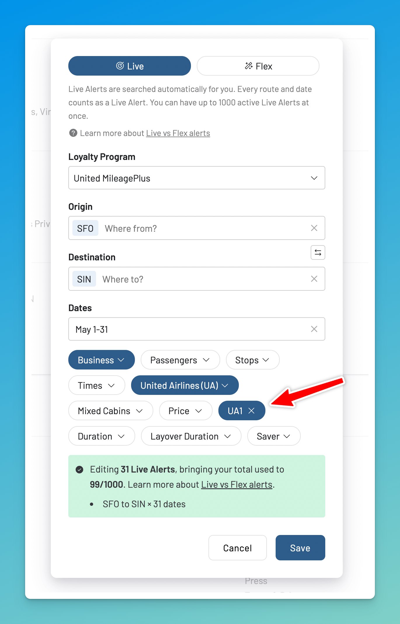 Setting up an AwardFares alert for United Polaris award flights.