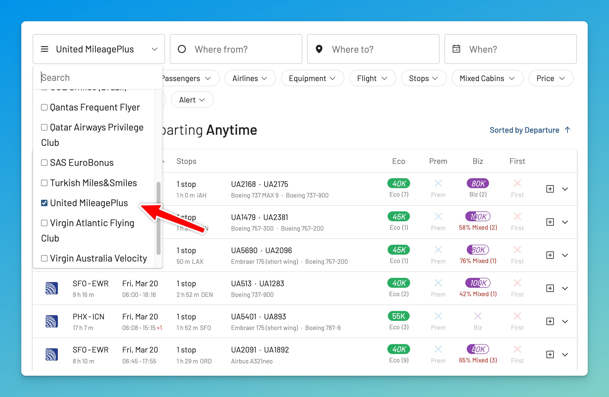 Select United MileagePlus in AwardFares to search for award flights.