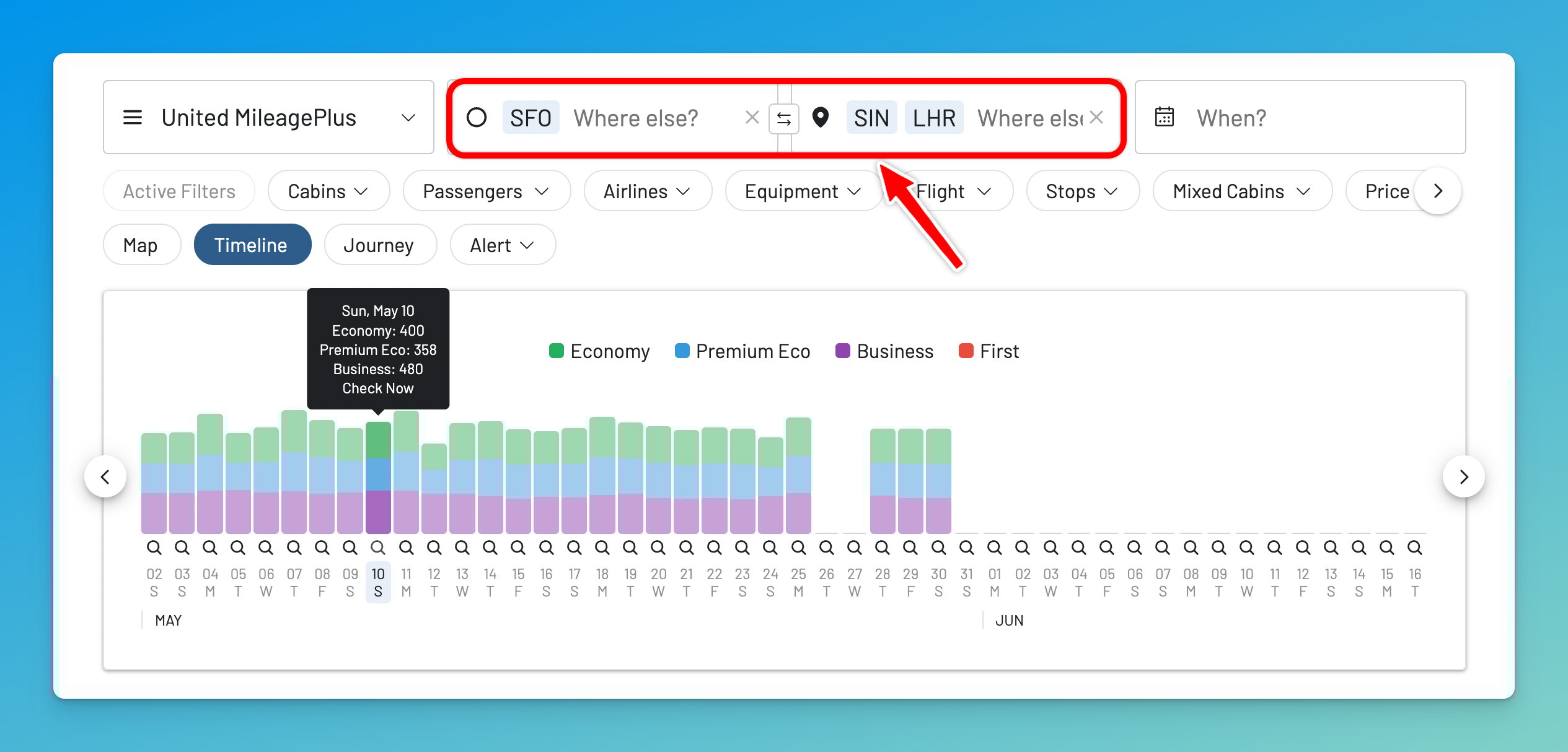 Searching SFO to Singapor and London for United Polaris award availability on AwardFares.