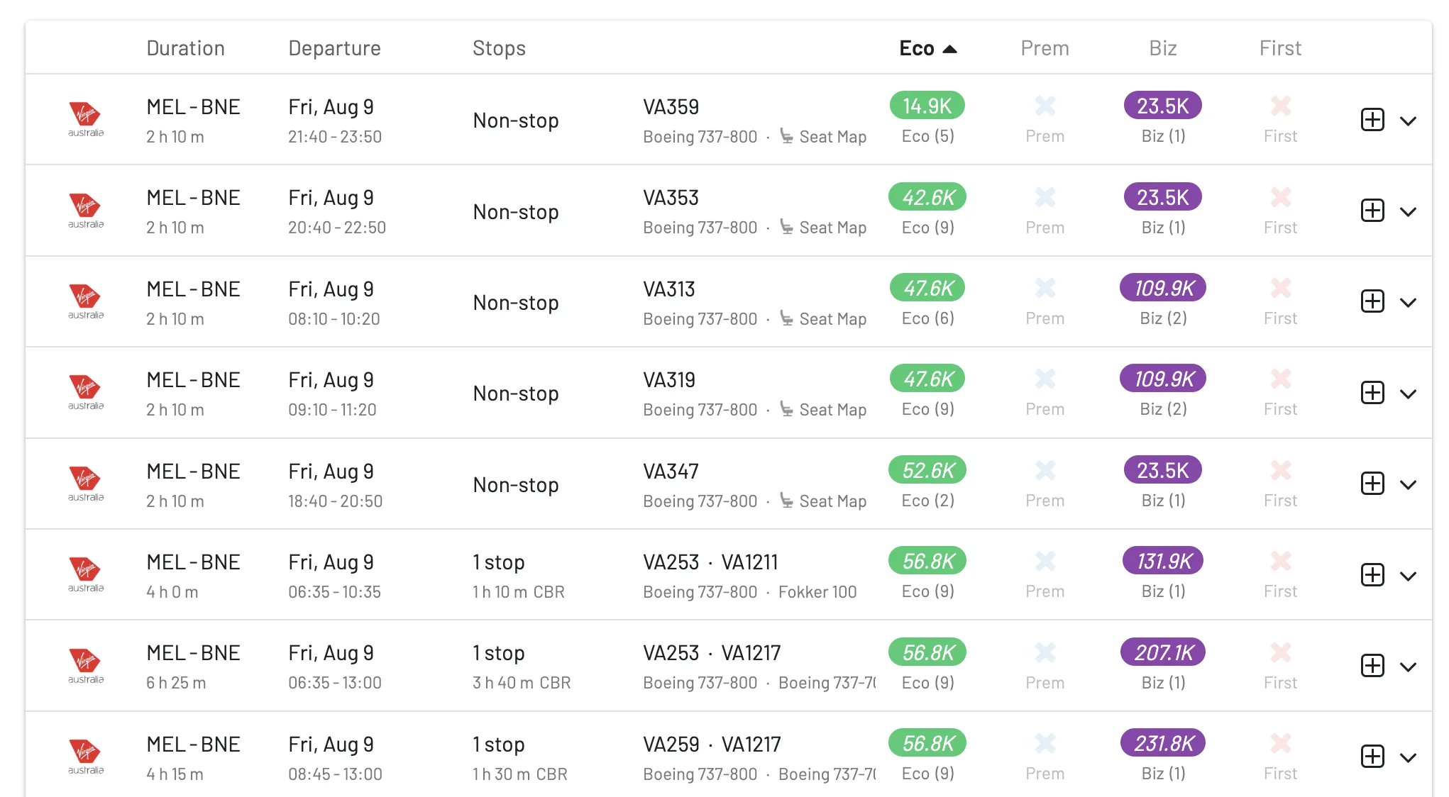 Melbourne to Brisbane award flights with Virgin Australia Velocity Points.