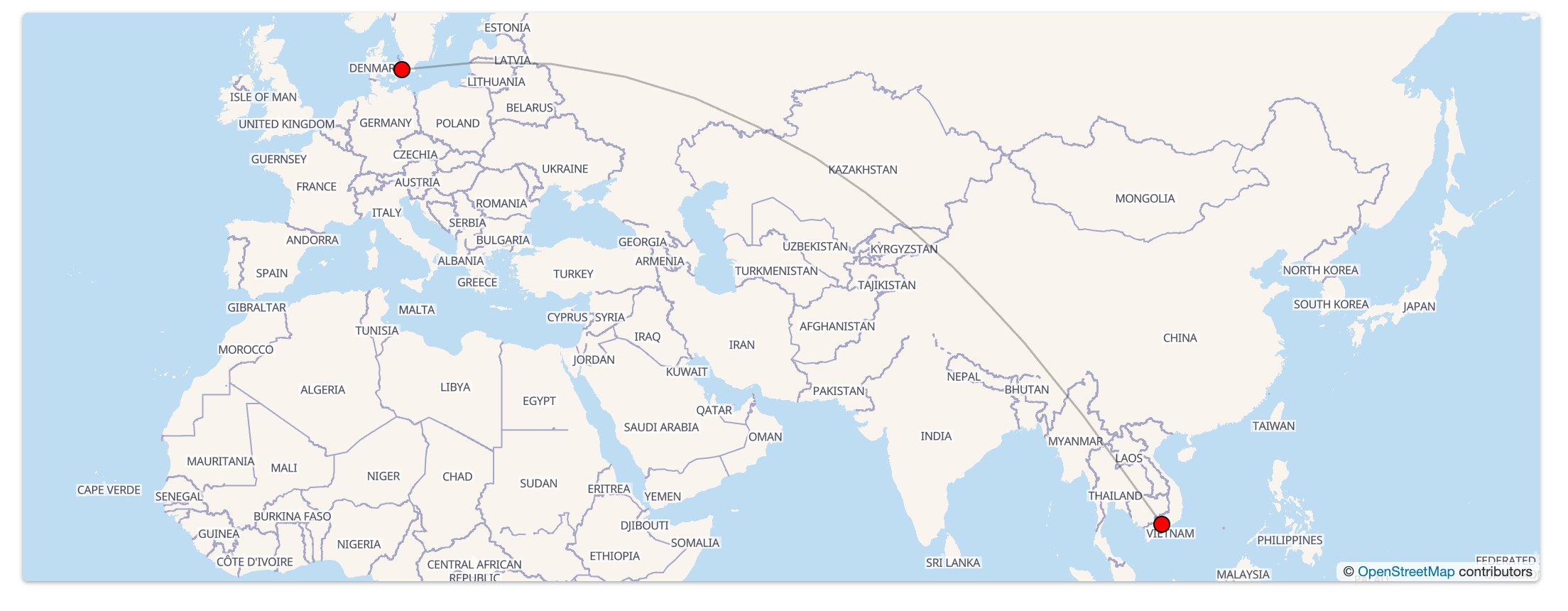 Map showing the new direct route between Vietnam and Denmark.