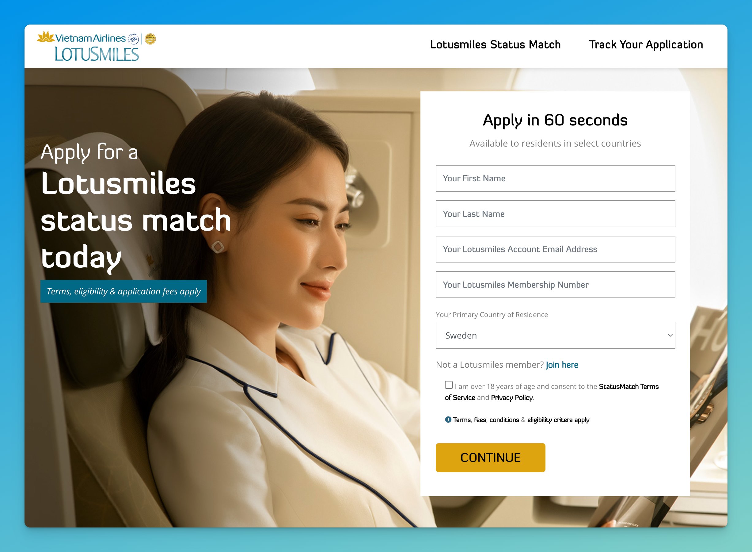 Vietnam Airlines Lotusmiles Status Match application page.