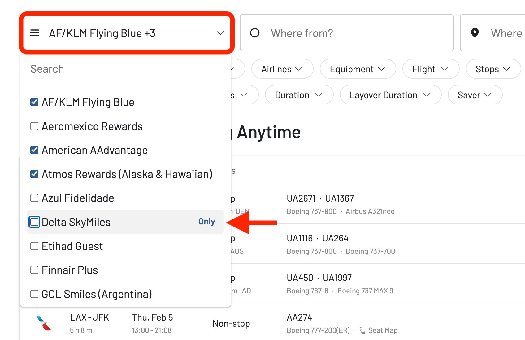 AwardFares program selector showing multiple World Cup-relevant programs