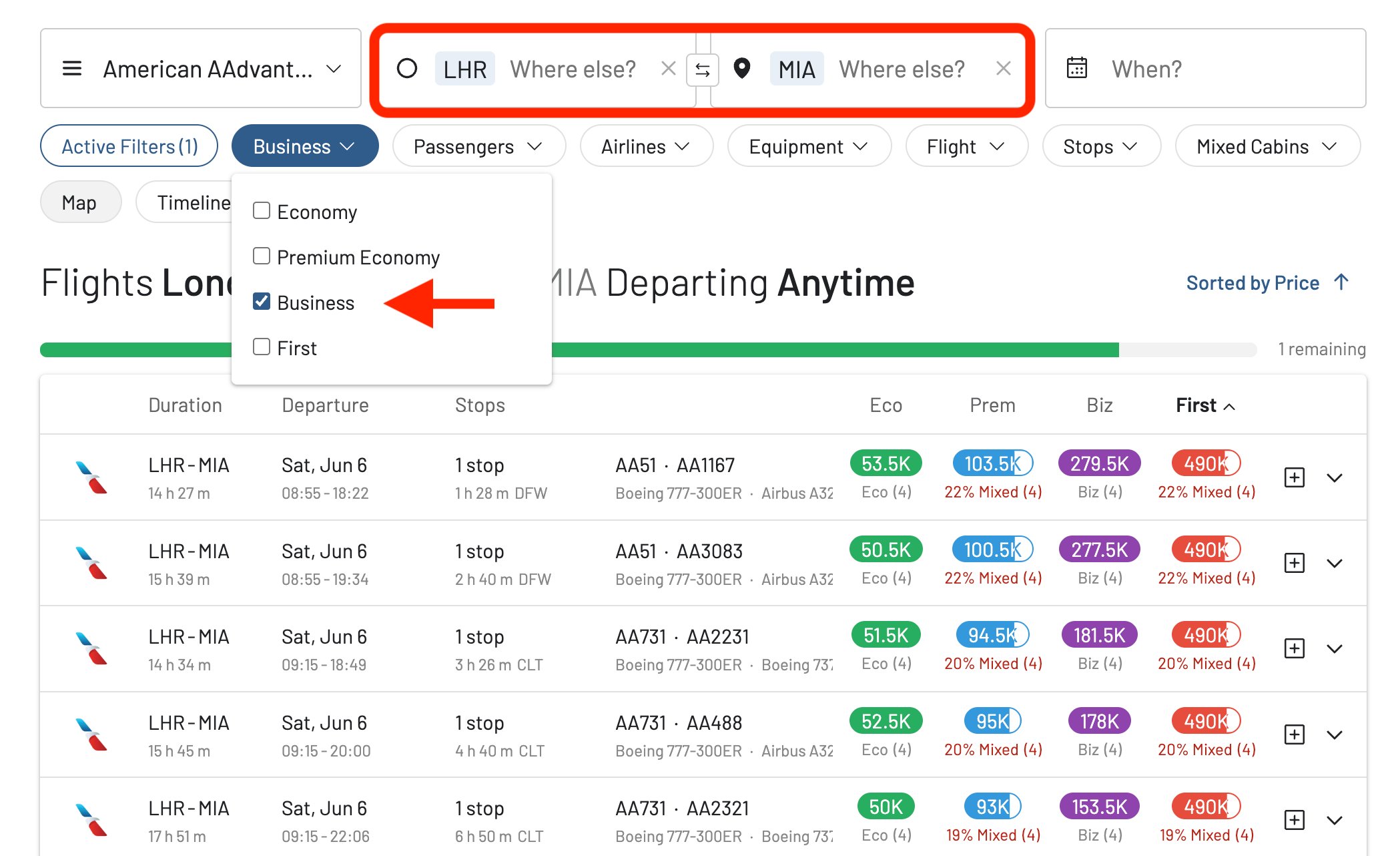 AwardFares search showing Business Class availability from London to Miami for World Cup 2026