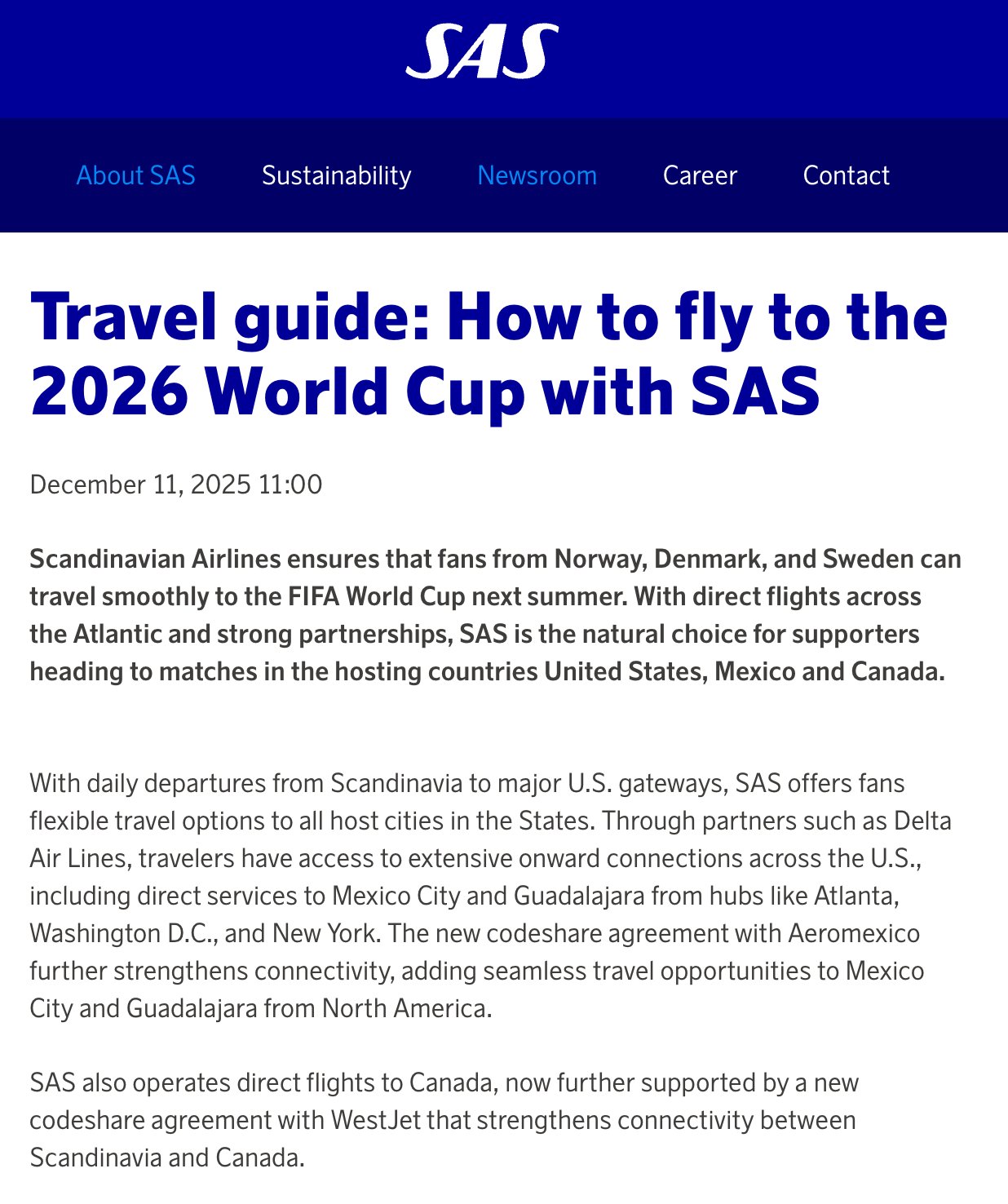 SAS announced increased capacity during the FIFA World Cup 2026