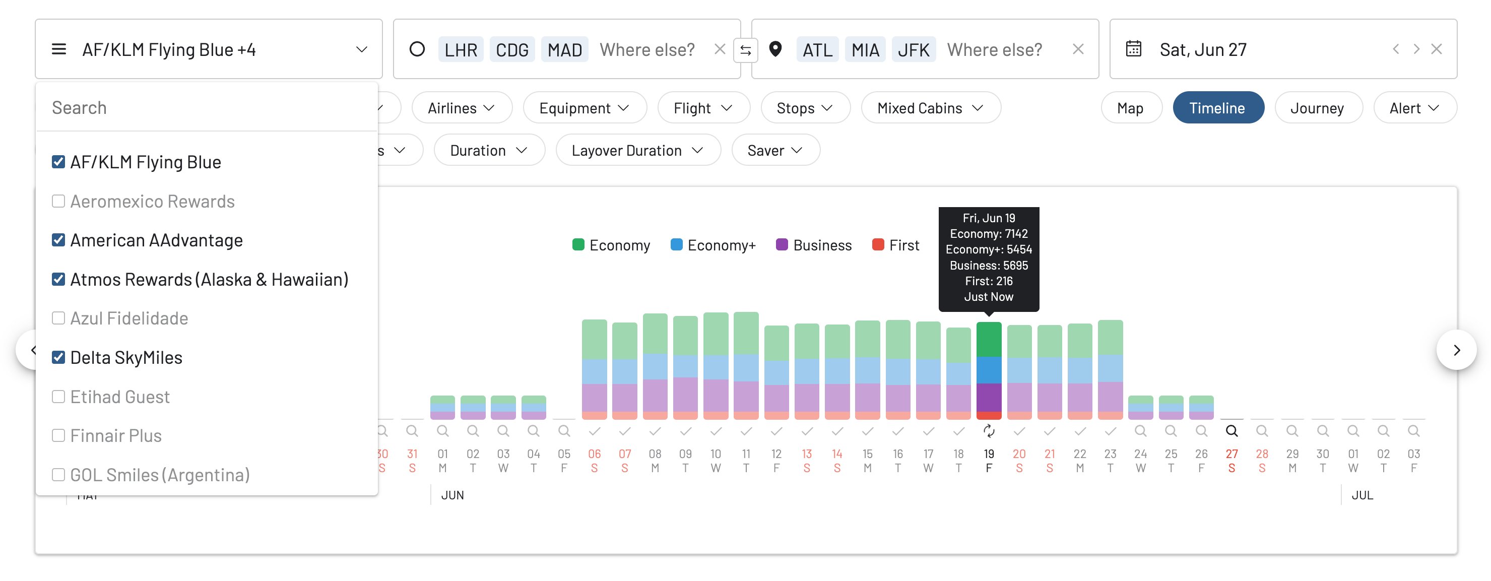 AwardFares Timeline View showing a full month of award availability for World Cup 2026 dates