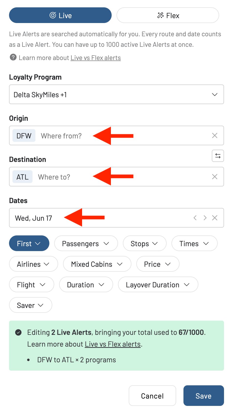 Setting up an AwardFares alert for World Cup 2026 flight availability