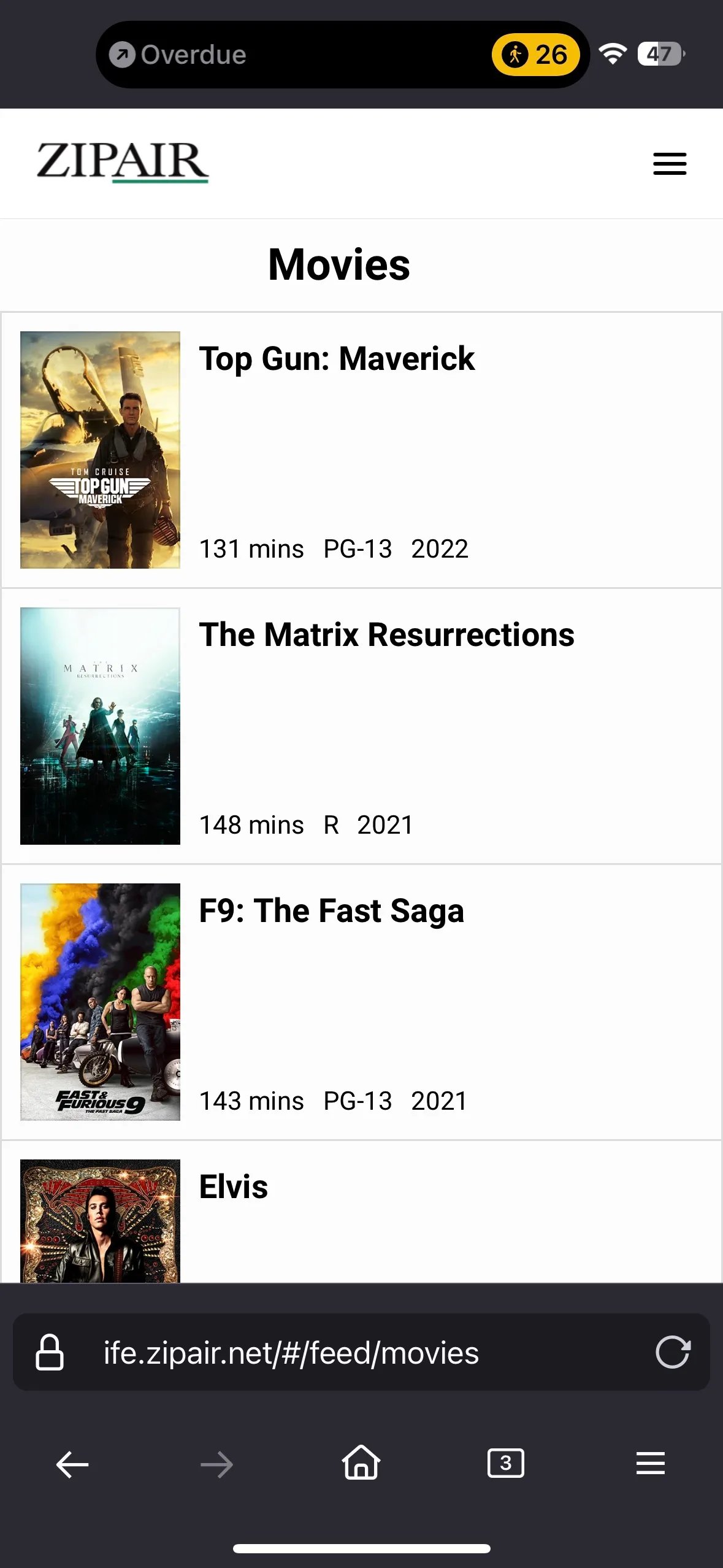 Movie selection on the ZIPAIR streaming service.