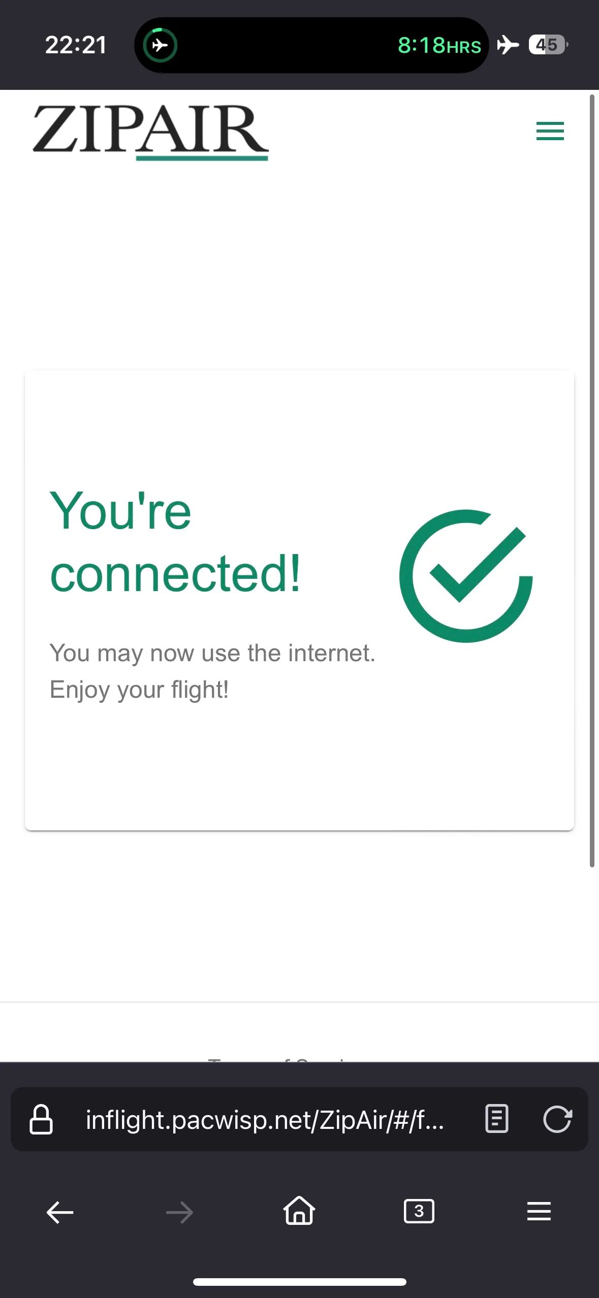 Connecting to the free inflight internet service.