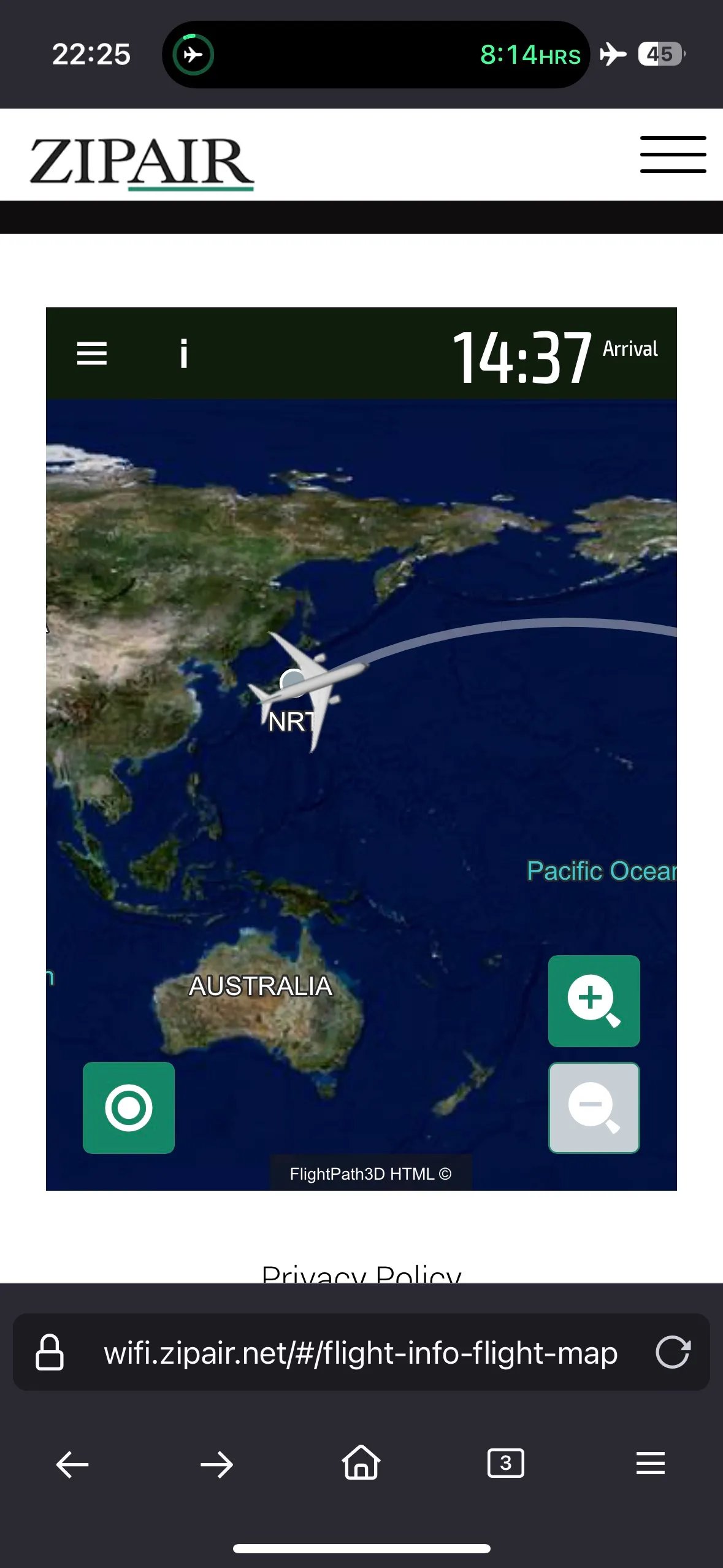 Inflight map viewed on a mobile device through the ZIPAIR portal.