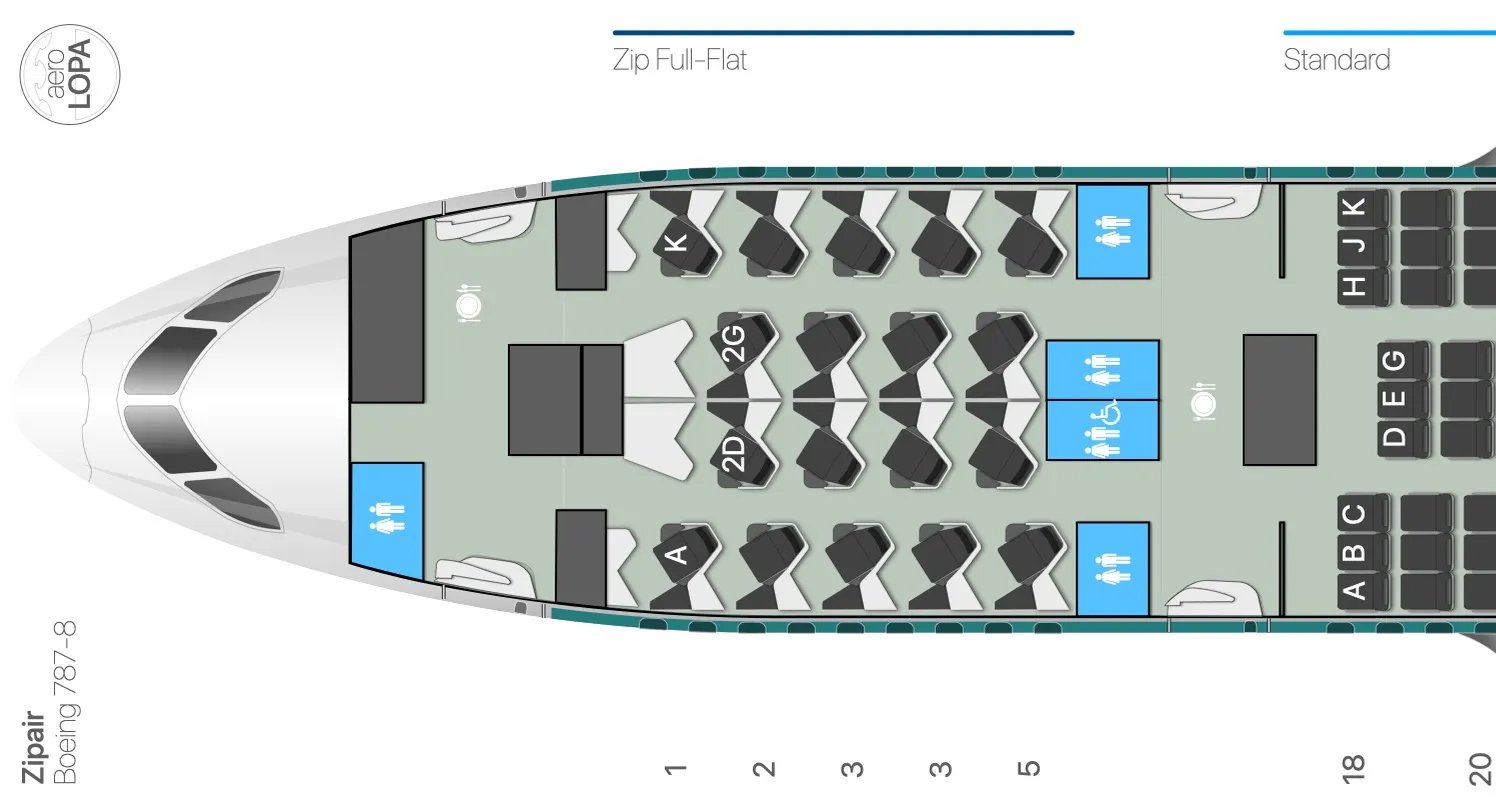 Seat map of the ZIPAIR 787-8 showing the Full-Flat cabin.